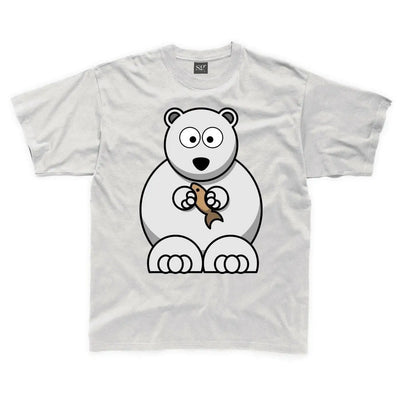 Cartoon Polar Bear with Fish Children's Unisex T Shirt 7-8 / White