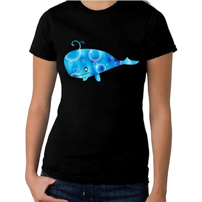 Cartoon Whale with Bubbles Women's T Shirt M / Black