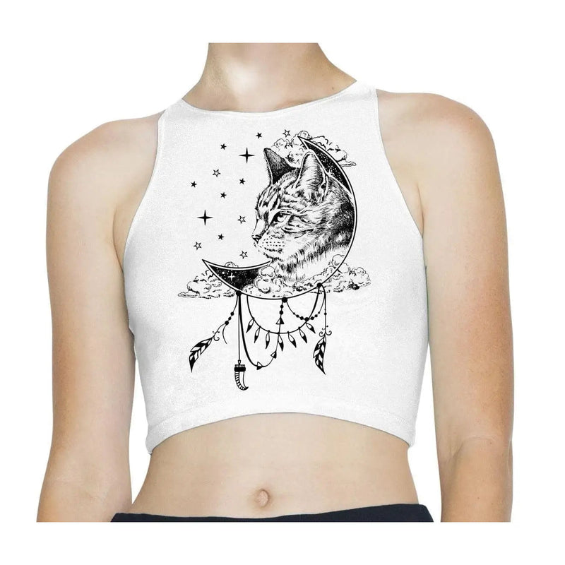 Cat Dreamcatcher Native American Tattoo Hipster Sleeveless High Neck Crop Top M