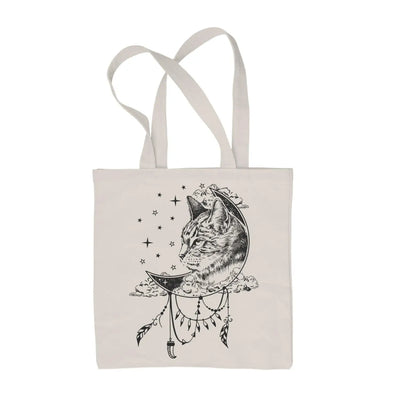 Cat Dreamcatcher Native American Tattoo Hipster Large Print Tote Shoulder Shopping Bag Cream