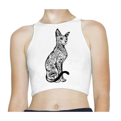 Cat with Tattoos Hipster Sleeveless High Neck Crop Top S / White