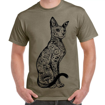 Cat With Tattoos Hipster Large Print Men's T-Shirt Large / Khaki