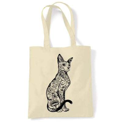 Cat With Tattoos Hipster Large Print Tote Shoulder Shopping Bag Cream