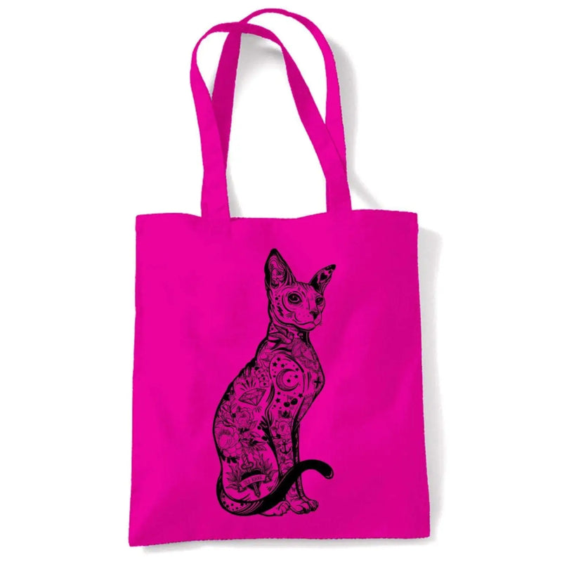 Cat With Tattoos Hipster Large Print Tote Shoulder Shopping Bag Hot Pink