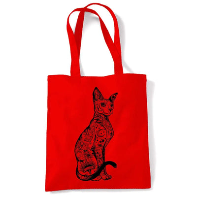 Cat With Tattoos Hipster Large Print Tote Shoulder Shopping Bag Red
