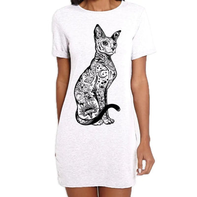 Cat With Tattoos Hipster Large Print Women's T-Shirt Dress Large