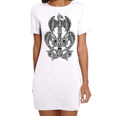 Celtic Axe with Dragons  Design Tattoo Hipster Large Print Women's T-Shirt Dress Medium
