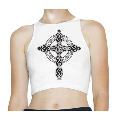 Celtic Cross Tattoo Style Hipster Sleeveless High Neck Crop Top L / White