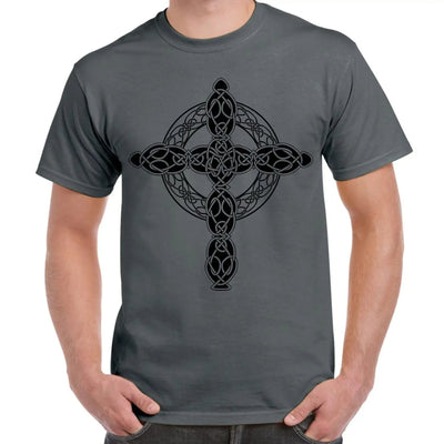 Celtic Cross Tattoo Style Hipster Large Print Men's T-Shirt Small / Charcoal Grey