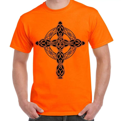 Celtic Cross Tattoo Style Hipster Large Print Men's T-Shirt Small / Orange