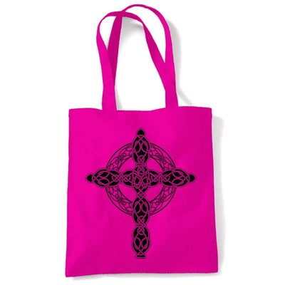 Celtic Cross Tattoo Style Hipster Large Print Tote Shoulder Shopping Bag Hot Pink
