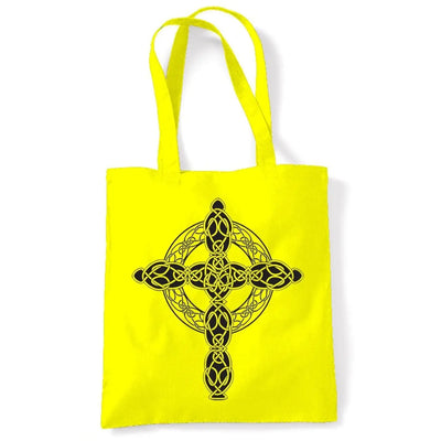 Celtic Cross Tattoo Style Hipster Large Print Tote Shoulder Shopping Bag Yellow