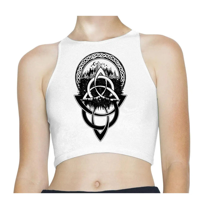 Celtic Knot with Mountains  Design Tattoo Hipster Sleeveless High Neck Crop Top XS