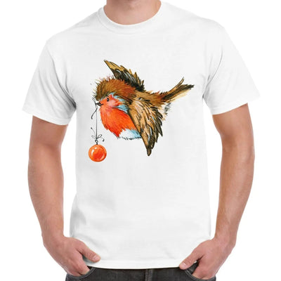 Christmas Robin With Bauble Cute Men's T-Shirt L
