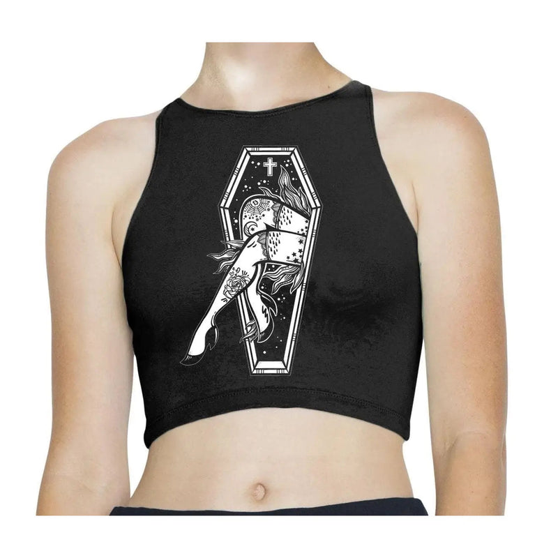 Coffin Tattoo Sleeveless High Neck Crop Top XS / Black