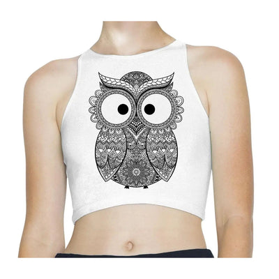 Cross Eyed Owl Tattoo Hipster Sleeveless High Neck Crop Top XS / White
