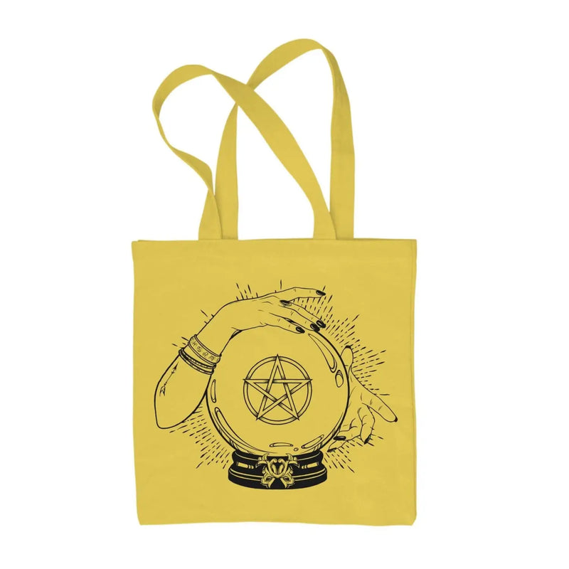 Crystal Ball Witch Pentagram Design Tattoo Hipster Large Print Tote Shoulder Shopping Bag Yellow