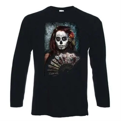 Day Of The Dead Girl With Fan Long Sleeve T-Shirt