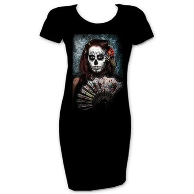 Day Of The Dead Girl With Fan T-Shirt Dress