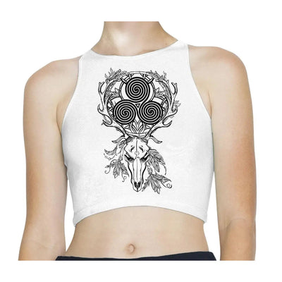 Deer Stag Skull with Celtic Spiral Sleeveless High Neck Crop Top XS / White