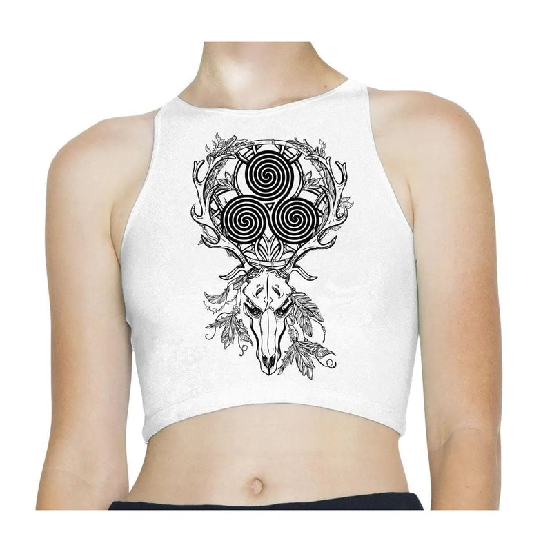 Deer Stag Skull with Celtic Spiral Sleeveless High Neck Crop Top XS / White