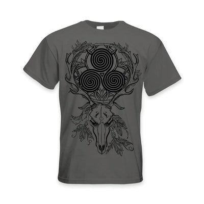 Deer Stag Skull With Celtic Spiral Large Print Men's T-Shirt L / Charcoal