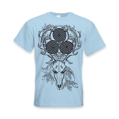 Deer Stag Skull With Celtic Spiral Large Print Men's T-Shirt L / Light Blue