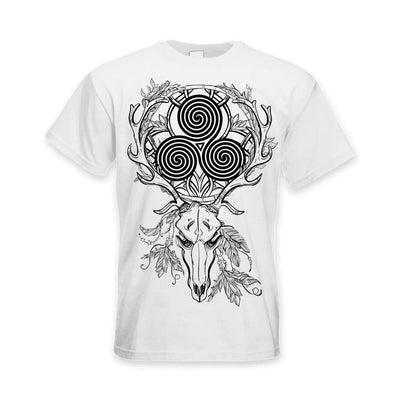 Deer Stag Skull With Celtic Spiral Large Print Men's T-Shirt L / White