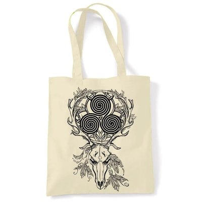 Deer Stag Skull With Celtic Spiral Large Print Tote Shoulder Shopping Bag