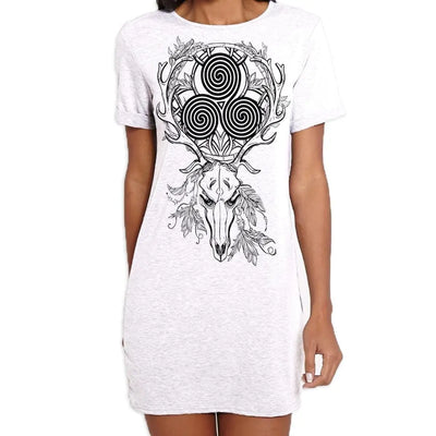 Deer Stag Skull With Celtic Spiral Large Print Women's T-Shirt Dress S