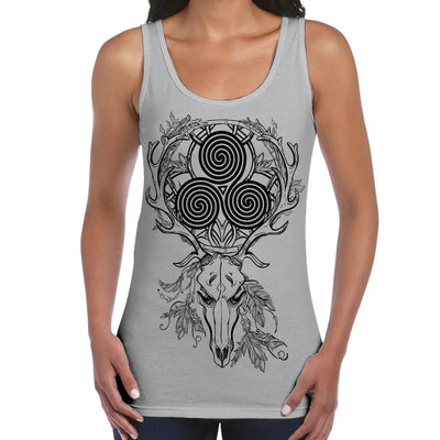 Deer Stag Skull With Celtic Spiral Large Print Women's Vest Tank Top L / Light Grey