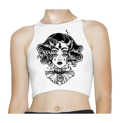 Devil Girl Satanic Cross Tattoo Sleeveless High Neck Crop Top S / White