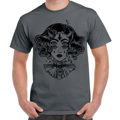 Devil Girl Satanic Cross Tattoo Large Print Men's T-Shirt Large / Charcoal Grey