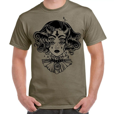 Devil Girl Satanic Cross Tattoo Large Print Men's T-Shirt Large / Khaki