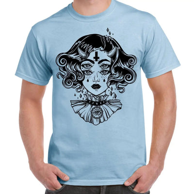 Devil Girl Satanic Cross Tattoo Large Print Men's T-Shirt Large / Light Blue
