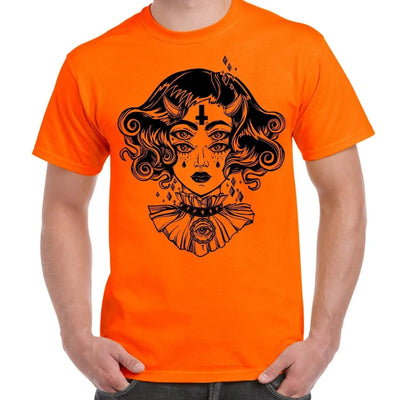 Devil Girl Satanic Cross Tattoo Large Print Men's T-Shirt Large / Orange