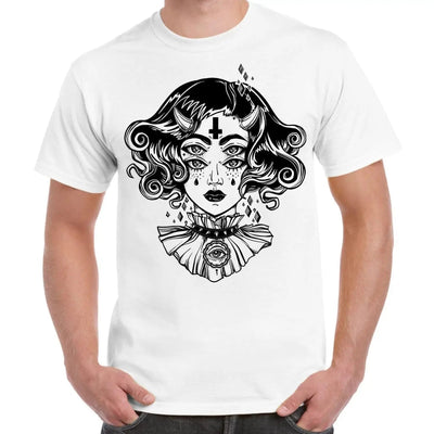 Devil Girl Satanic Cross Tattoo Large Print Men's T-Shirt Large / White