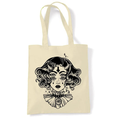 Devil Girl Satanic Cross Tattoo Large Print Tote Shoulder Shopping Bag Cream