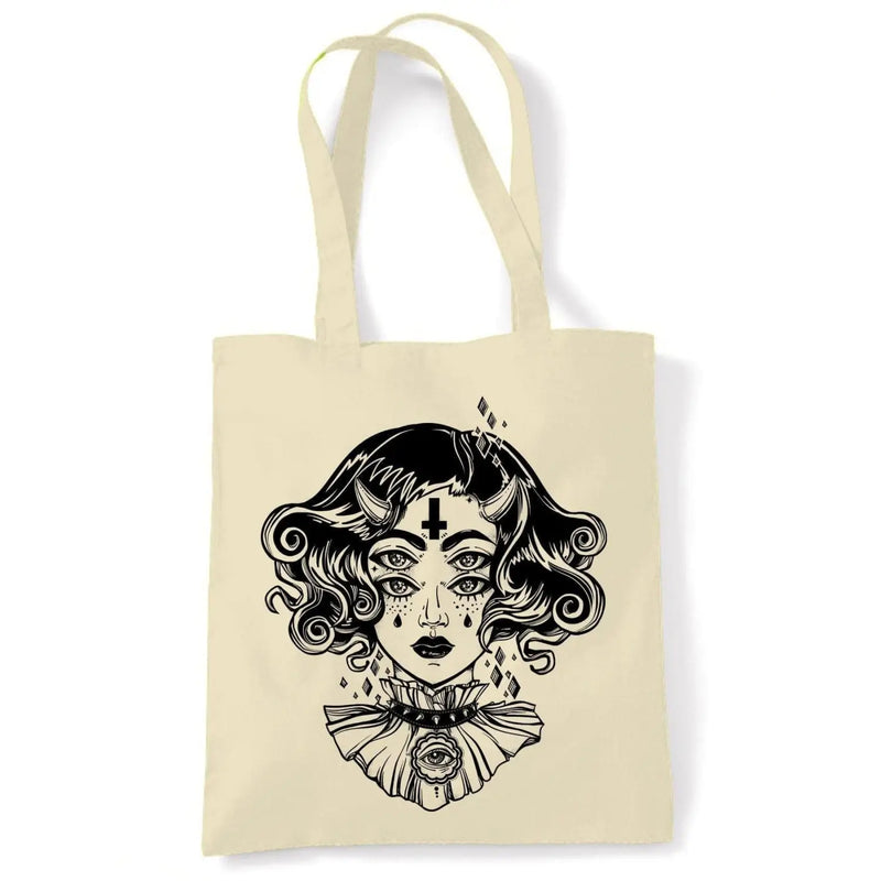 Devil Girl Satanic Cross Tattoo Large Print Tote Shoulder Shopping Bag Cream