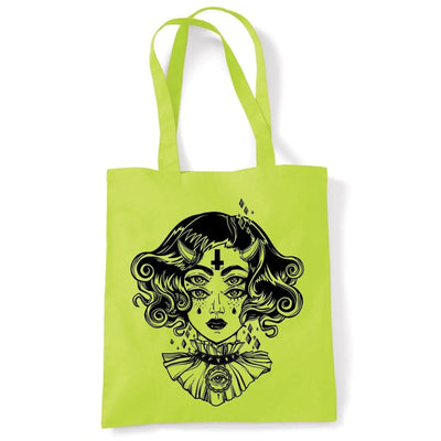 Devil Girl Satanic Cross Tattoo Large Print Tote Shoulder Shopping Bag Lime Green