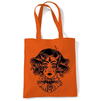 Devil Girl Satanic Cross Tattoo Large Print Tote Shoulder Shopping Bag Orange
