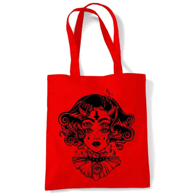 Devil Girl Satanic Cross Tattoo Large Print Tote Shoulder Shopping Bag Red