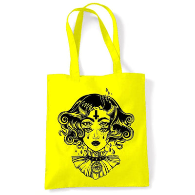 Devil Girl Satanic Cross Tattoo Large Print Tote Shoulder Shopping Bag Yellow