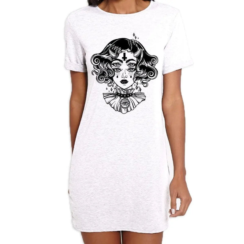 Devil Girl Satanic Cross Tattoo Large Print Women&