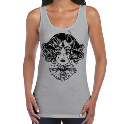 Devil Girl Satanic Cross Tattoo Large Print Women's Vest Tank Top Small / Light Grey