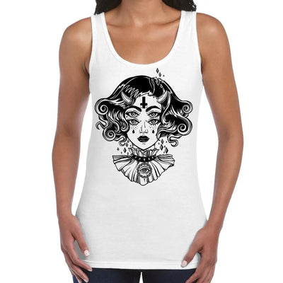 Devil Girl Satanic Cross Tattoo Large Print Women's Vest Tank Top Small / White