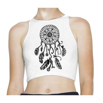 Dreamcatcher Native American Hipster Sleeveless High Neck Crop Top L / White