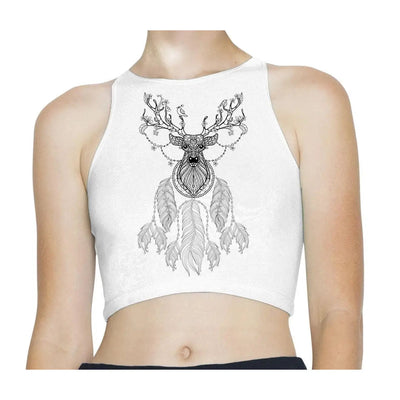Dreamcatcher with Stags Deer Head Hipster Sleeveless High Neck Crop Top S / White