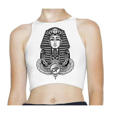 Egyptian Pharoah Winged Ankh Symbol Sleeveless High Neck Crop Top XS / White