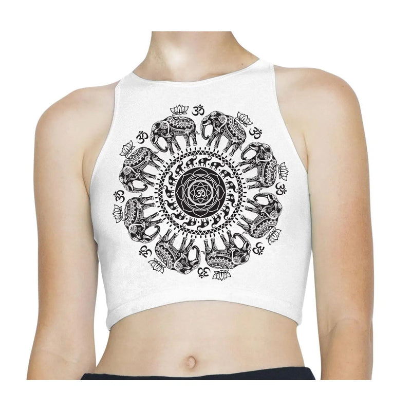 Elephant with Om Symbol Mandala Design Tattoo Hipster Sleeveless High Neck Crop Top L